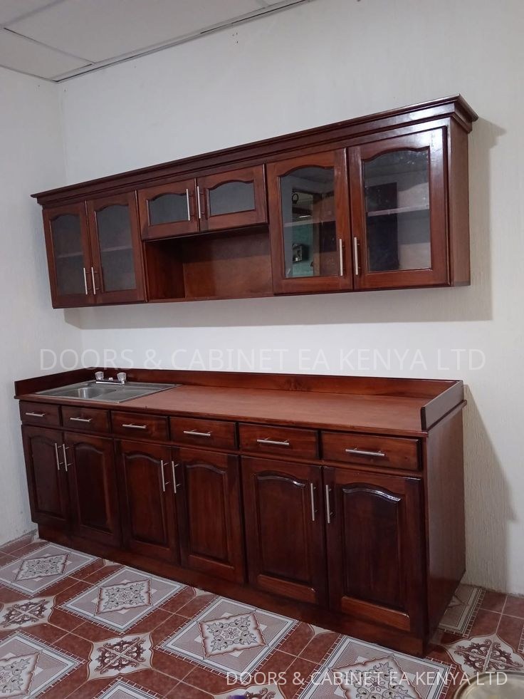 Mahogany Kitchen with Glass Uppers — Kitchen Cabinets by Doors and Cabinet EA, Mombasa