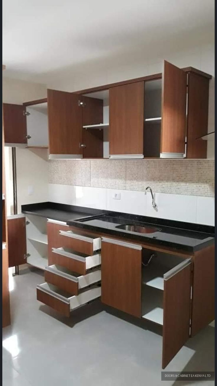 Walnut Kitchen with Mosaic Splashback — Kitchen Cabinets by Doors and Cabinet EA, Mombasa