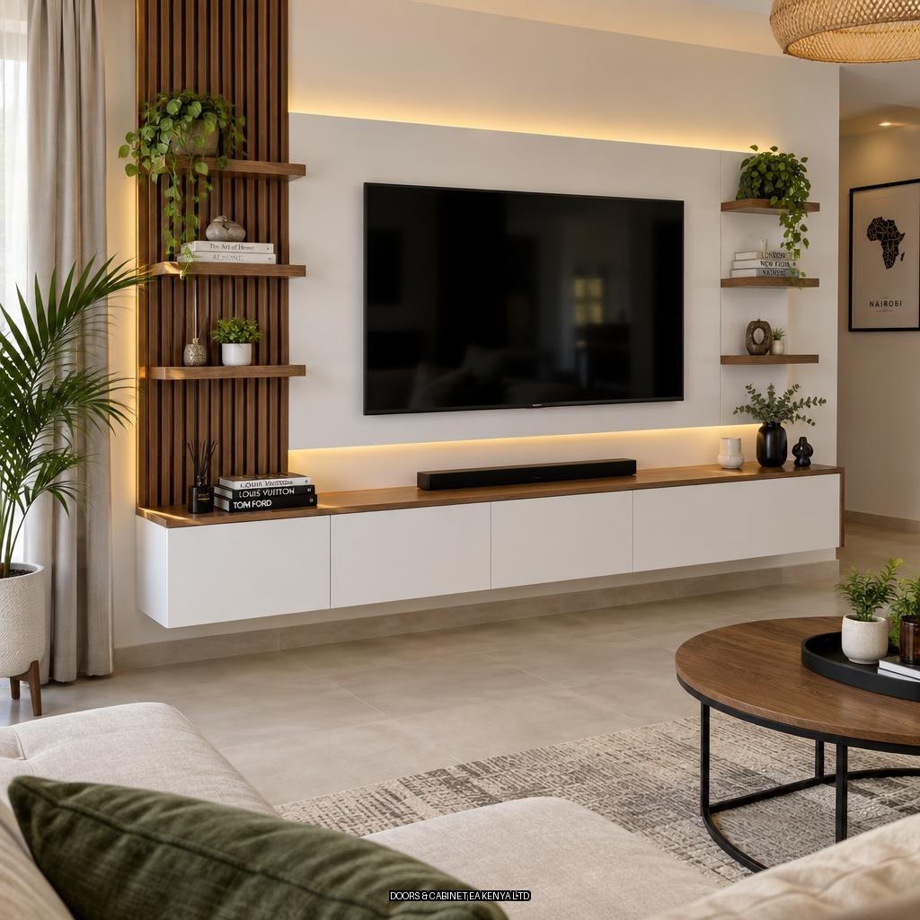 Slatted TV Wall Unit — Furniture by Doors and Cabinet EA, Mombasa