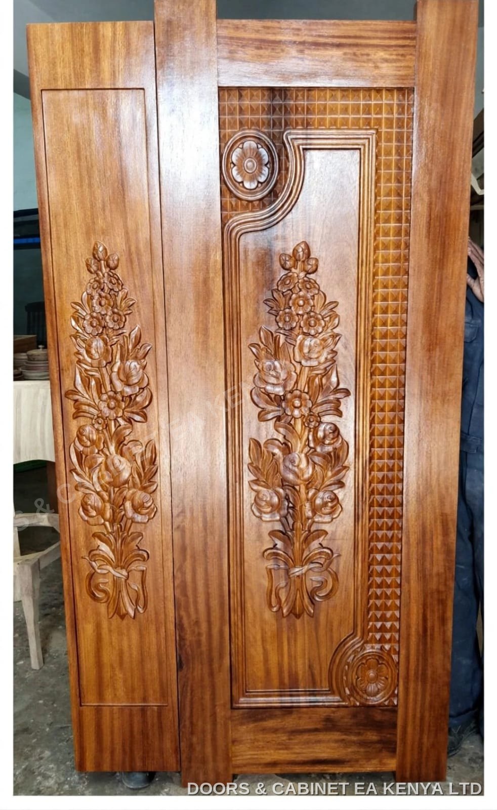 Floral Carved Door — In the Workshop — Doors by Doors and Cabinet EA, Mombasa